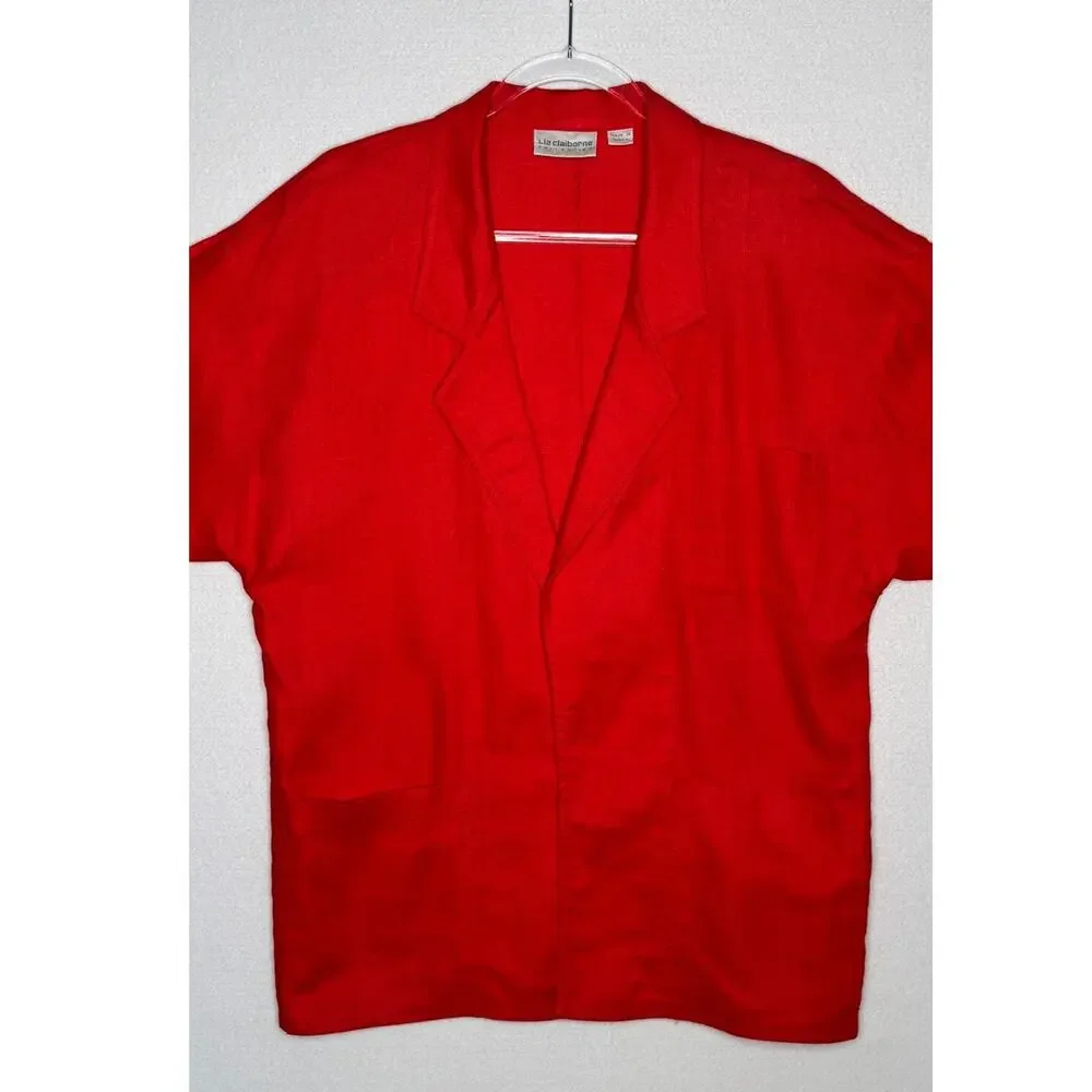 1990s Liz Claiborne Red Linen Open Front Oversized Jacket Size 6 M/L